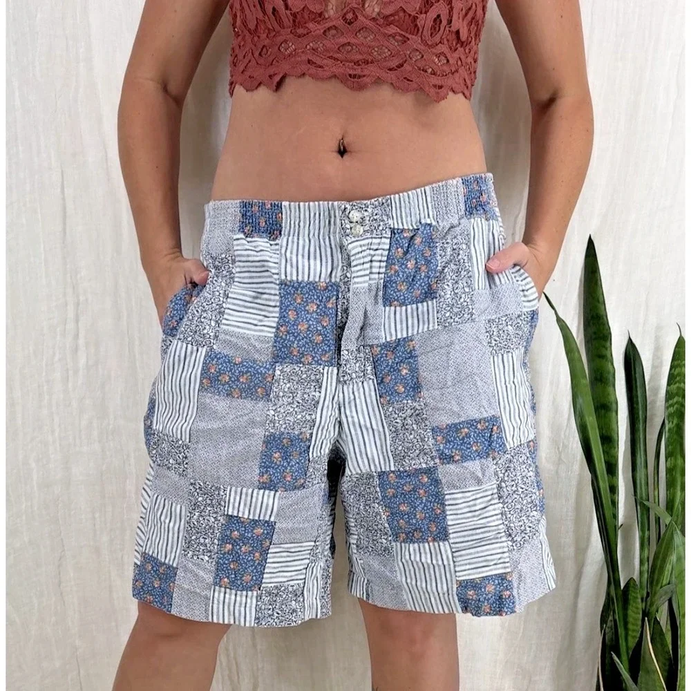 Vtg 90s Patchwork Shorts Womens M Cottage Indie Boho Bermuda Skater Long Baggy